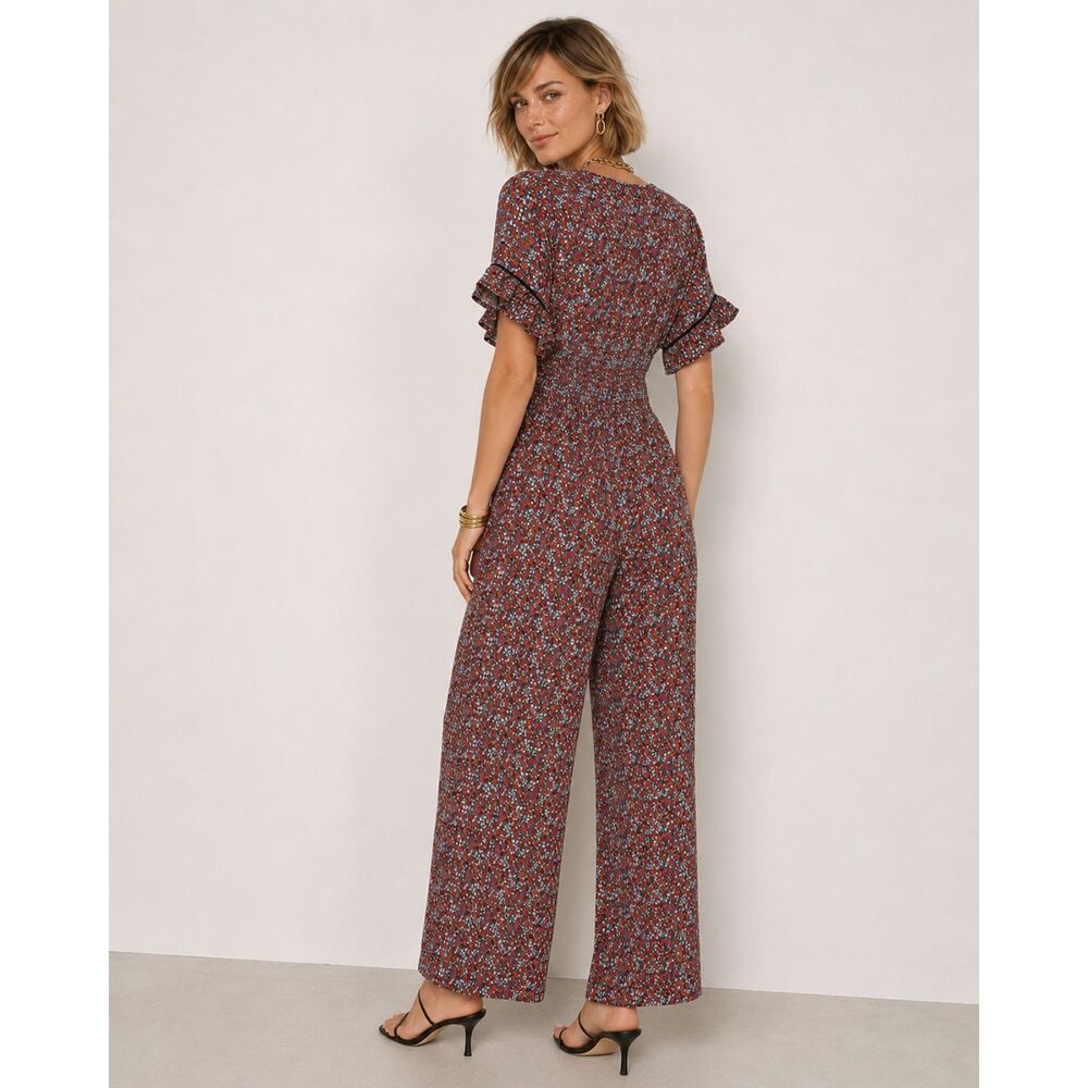 AQUA Floral Ruffle Sleeve Smocked Wide-Leg Jumpsuit - Picture 2 of 14